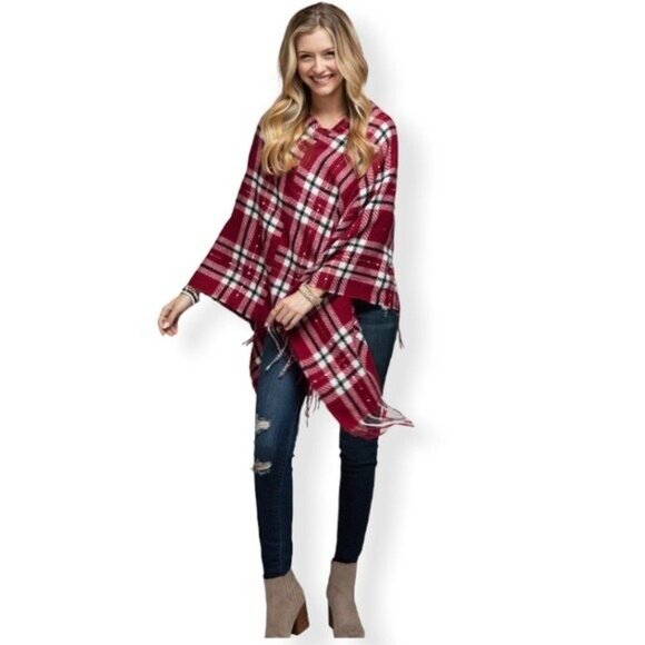 Sweater Poncho Women One Size Shawl Wrap Boutique Berry Red Plaid Fringe Classic - Picture 4 of 4